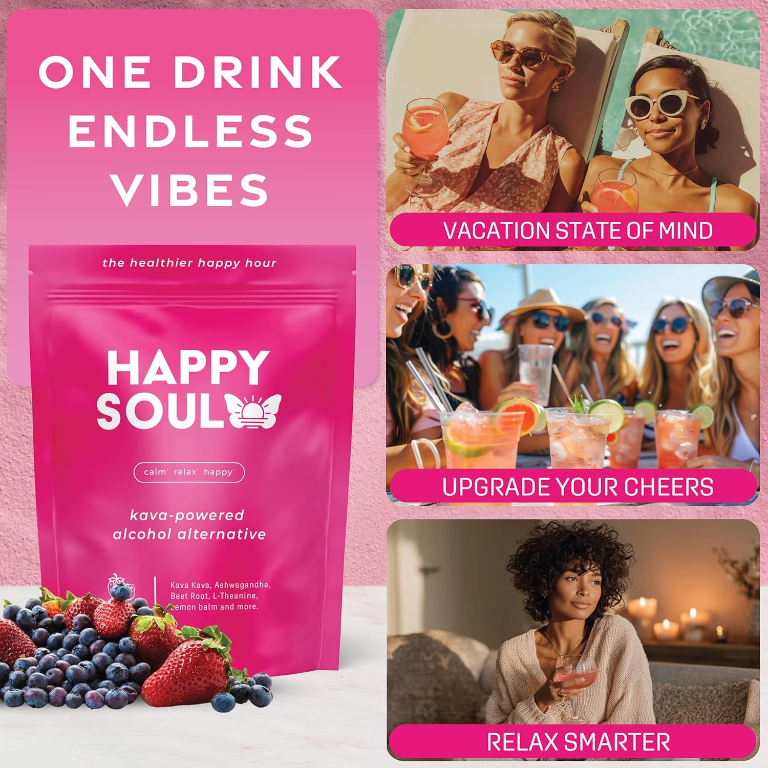 HappySoul Kava Drink Mix Powder-Alcohol Alternative for Evenings & Social Drinking - Kava Kava Mocktail for Relaxation - Adaptogen Drink with Magnesium, Ashwagandha, L-Theanine | Berry, 15 Stick Packs - Image 3
