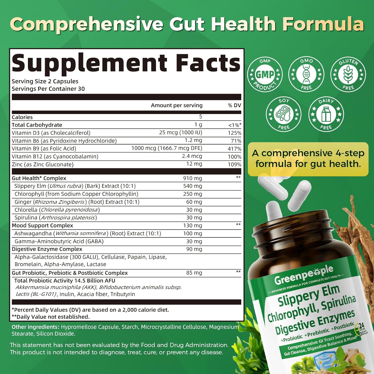 GREENPEOPLE Digestive Enzymes for Women & Men - Gentle Gut Health & Cleanse Capsule with Slippery Elm, Chlorophyll, Spirulina, Probiotics Complex - Complete Sensitive Gut Supplement 60 Count 2 Packs - Image 2
