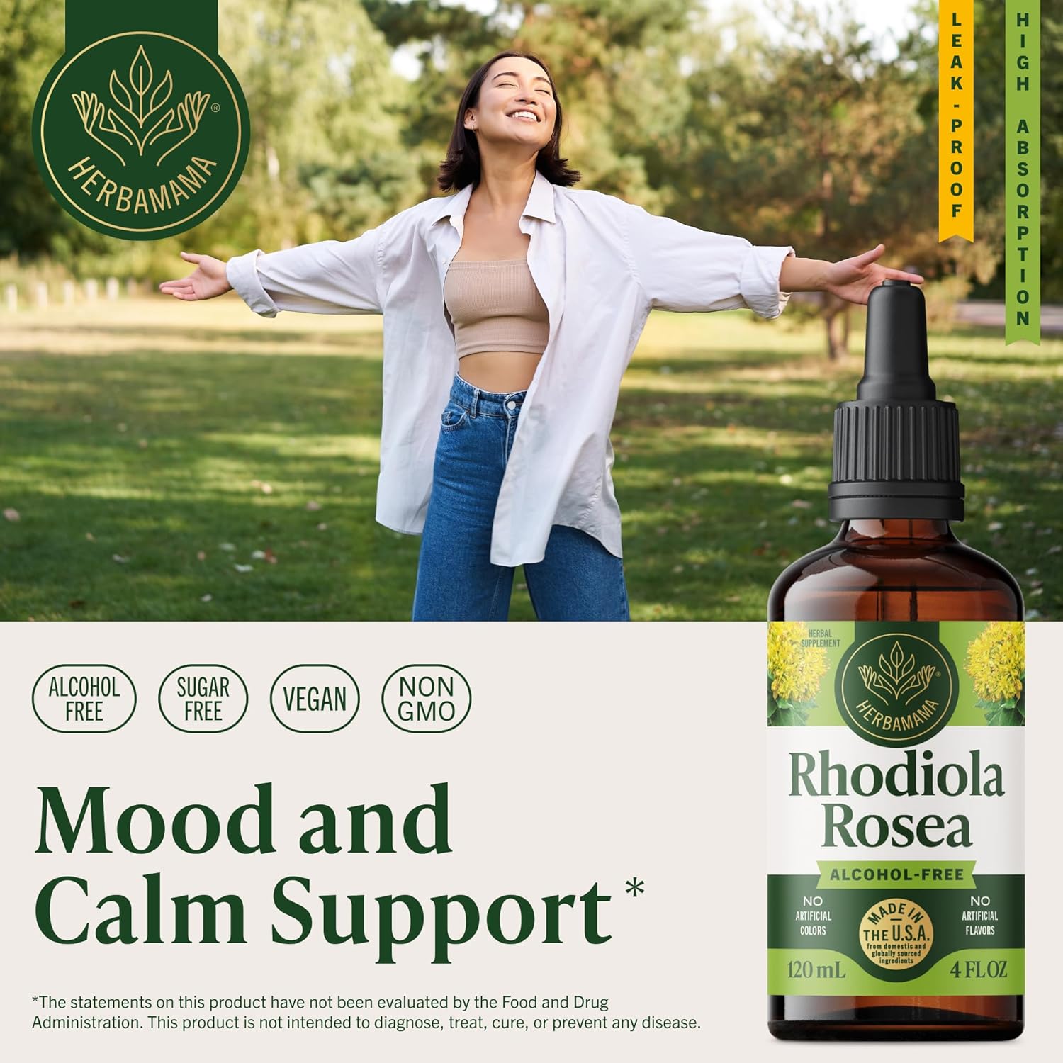 HERBAMAMA Rhodiola Rosea Extract - Rhodiola Rosea Supplement Drops for Mood & Calm Support - Vegan, Non-GMO, Alcohol & Sugar-Free Liquid Formula, 84-Day Supply - Image 2