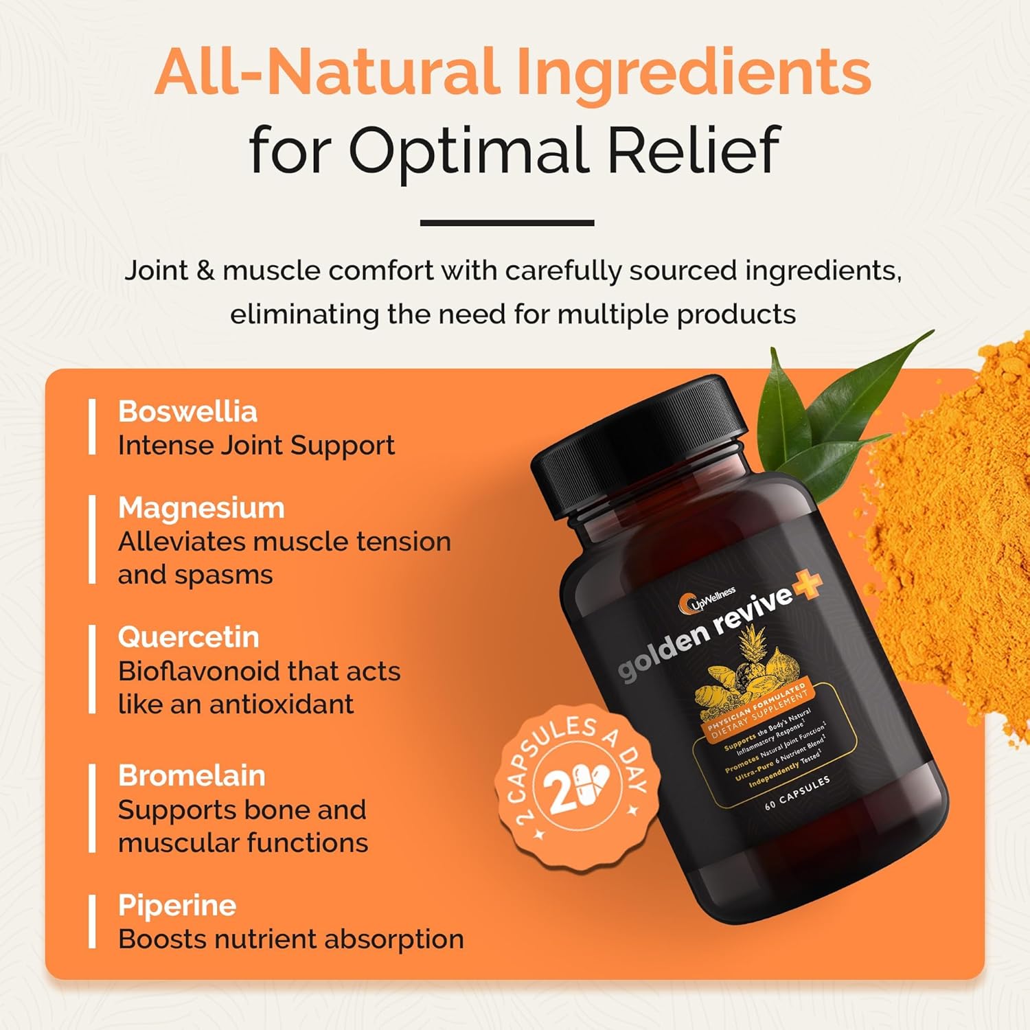 UpWellness Golden Revive + Joint Support Supplement Featuring Turmeric with Black Pepper, Quercetin, and Magnesium- Turmeric Boswellia Supplement - 6 Active Ingredients for Joint Care - 60 Capsules - Image 6