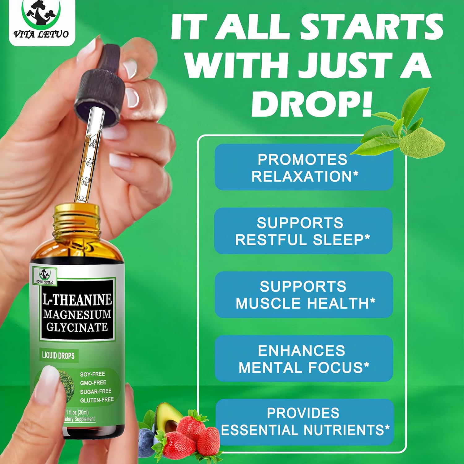 L Theanine Drops, Liquid L-Theanine Supplement 200mg w/Magnesium Glycinate,Vitamins,Fiber for Relaxation,Sleep,Digestion, Calm,High Absorption Mood Support for Adults & Kids,Plant Based,Non-GMO - Image 3