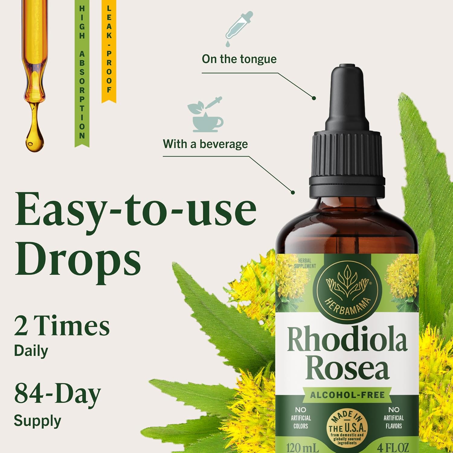 HERBAMAMA Rhodiola Rosea Extract - Rhodiola Rosea Supplement Drops for Mood & Calm Support - Vegan, Non-GMO, Alcohol & Sugar-Free Liquid Formula, 84-Day Supply - Image 6