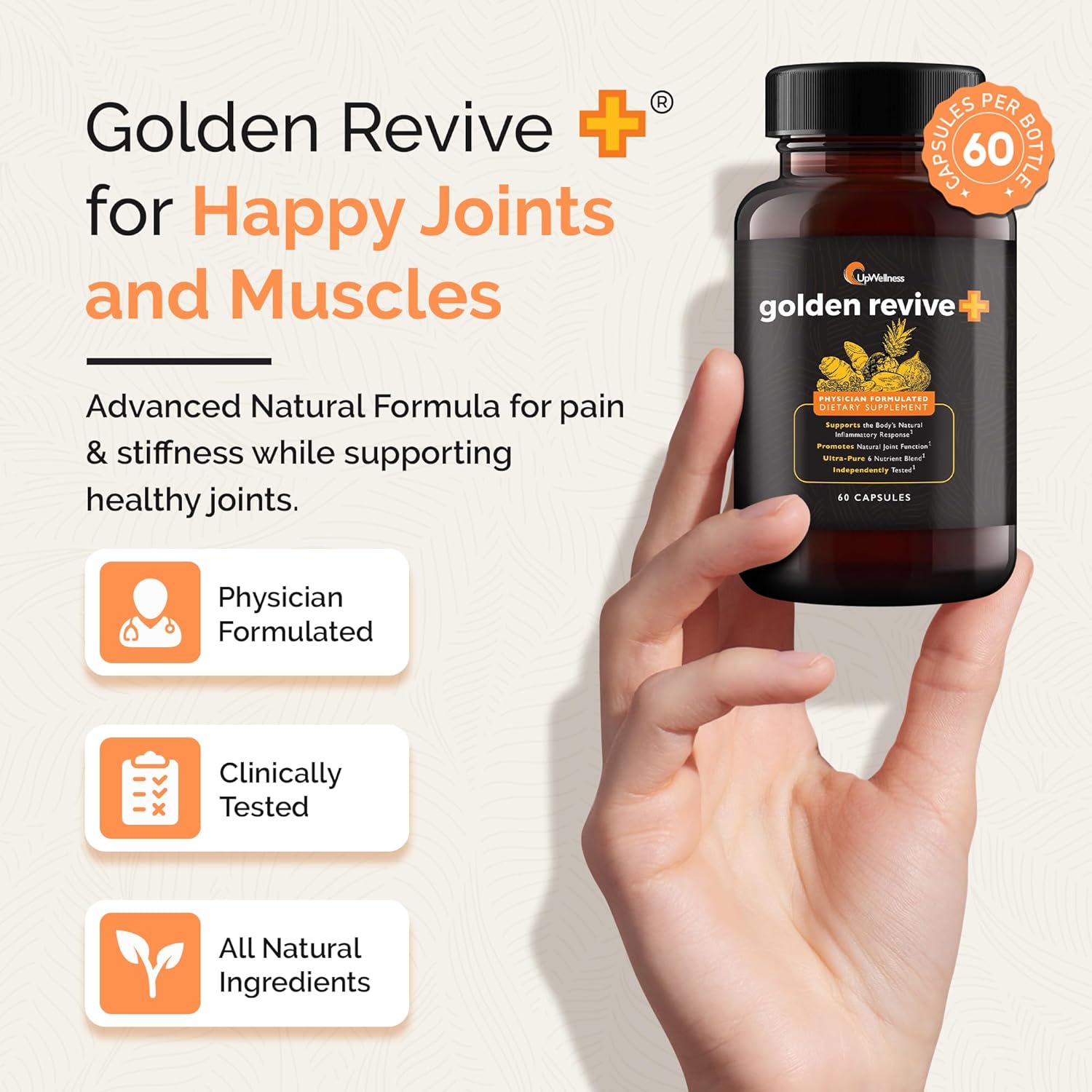 UpWellness Golden Revive + Joint Support Supplement Featuring Turmeric with Black Pepper, Quercetin, and Magnesium- Turmeric Boswellia Supplement - 6 Active Ingredients - 60 Capsules, 3 Pack - Image 3