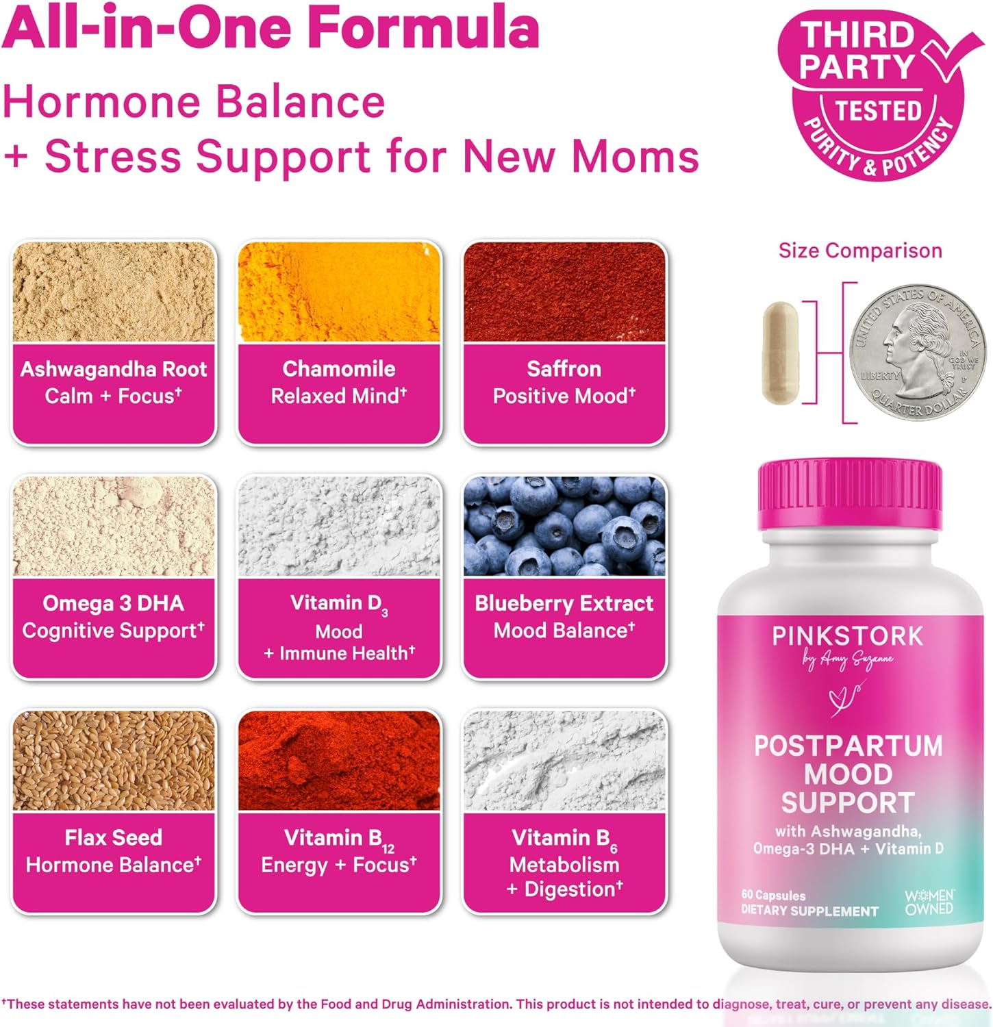 Pink Stork Postpartum Mood Support - Postnatal Hormone Balance for Women - Breastfeeding Friendly - Stress & Cognitive Support, New Mom Essentials - Ashwagandha, Chamomile, Vitamin D, 60 Capsules - Image 2