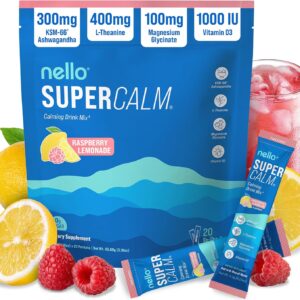 Nello Supercalm Powdered Drink Mix, Cortisol Reducer and Sleep Aid Supplement, L Theanine, Ksm-66 Ashwagandha, Magnesium Glycinate, Vitamin D 3, No Sugar, Non GMO, On The Go, 20 Ct, Raspberry Lemonade