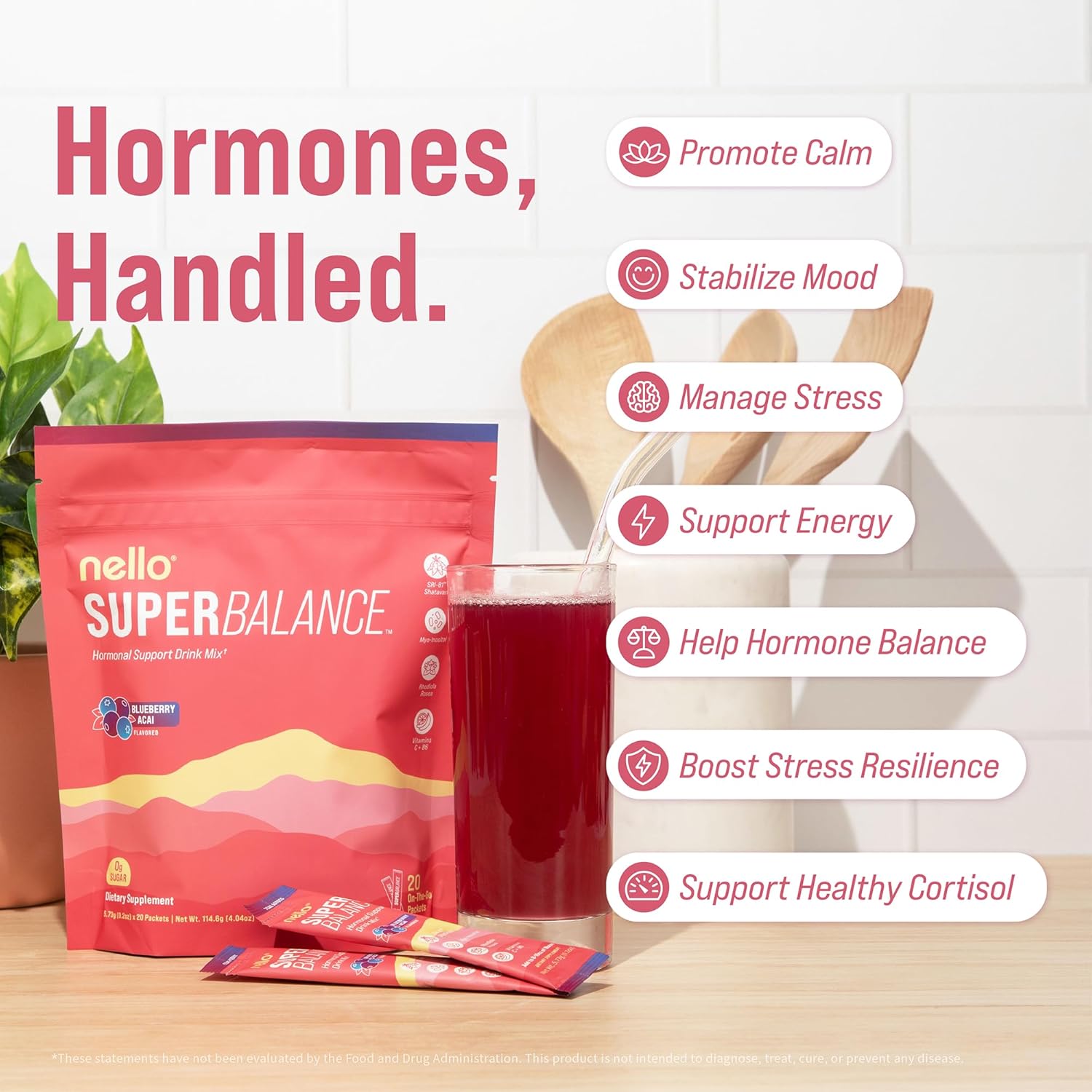 Nello Superbalance Hormonal Support Drink Mix, SRI-81 Shatavari, Myo-Inositol, Rhodiola Rosea, Vitamin C, Magnesium, Theobromine (20 Servings, Blueberry Acai) - Image 3