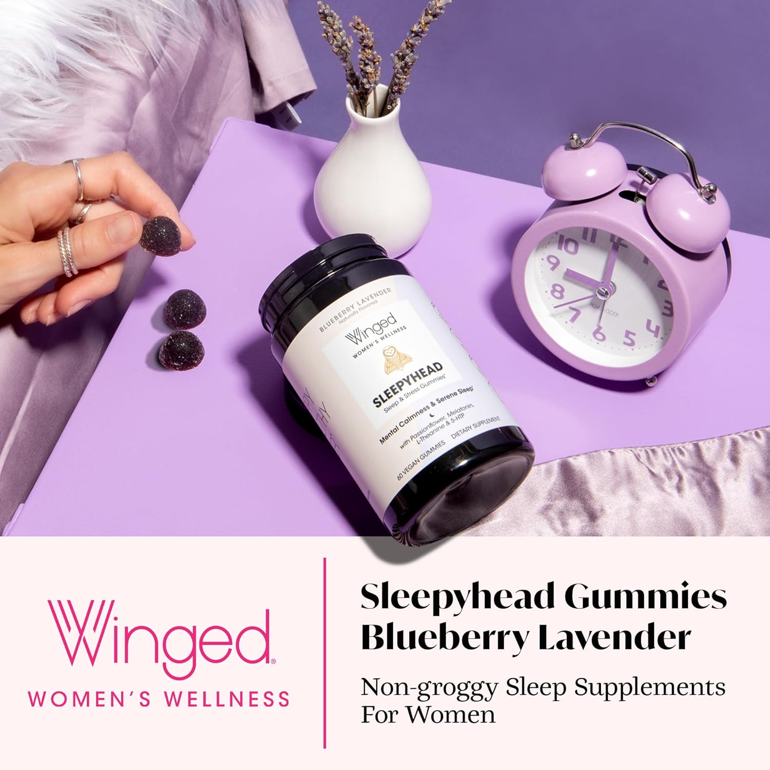 Winged Wellness Sleepyhead Natural Sleep Gummies for Women - Prime Sleep Support Aid for Adults with 3mg Melatonin, L-Theanine, 5-HTP - Blueberry Lavender Flavored - 30 Servings - Image 3