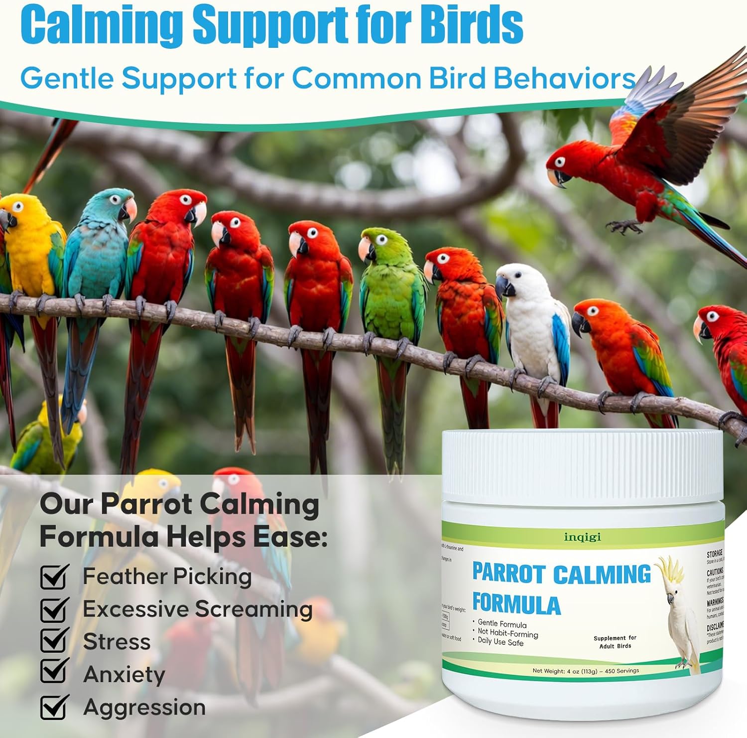 Parrot Calming Supplement – Natural Bird Stress Support Powder for Fireworks, Travel & Visitors – Vet-Formulated – Easy to Use Daily Support for Parrots – 4oz (450 Servings) - Image 2
