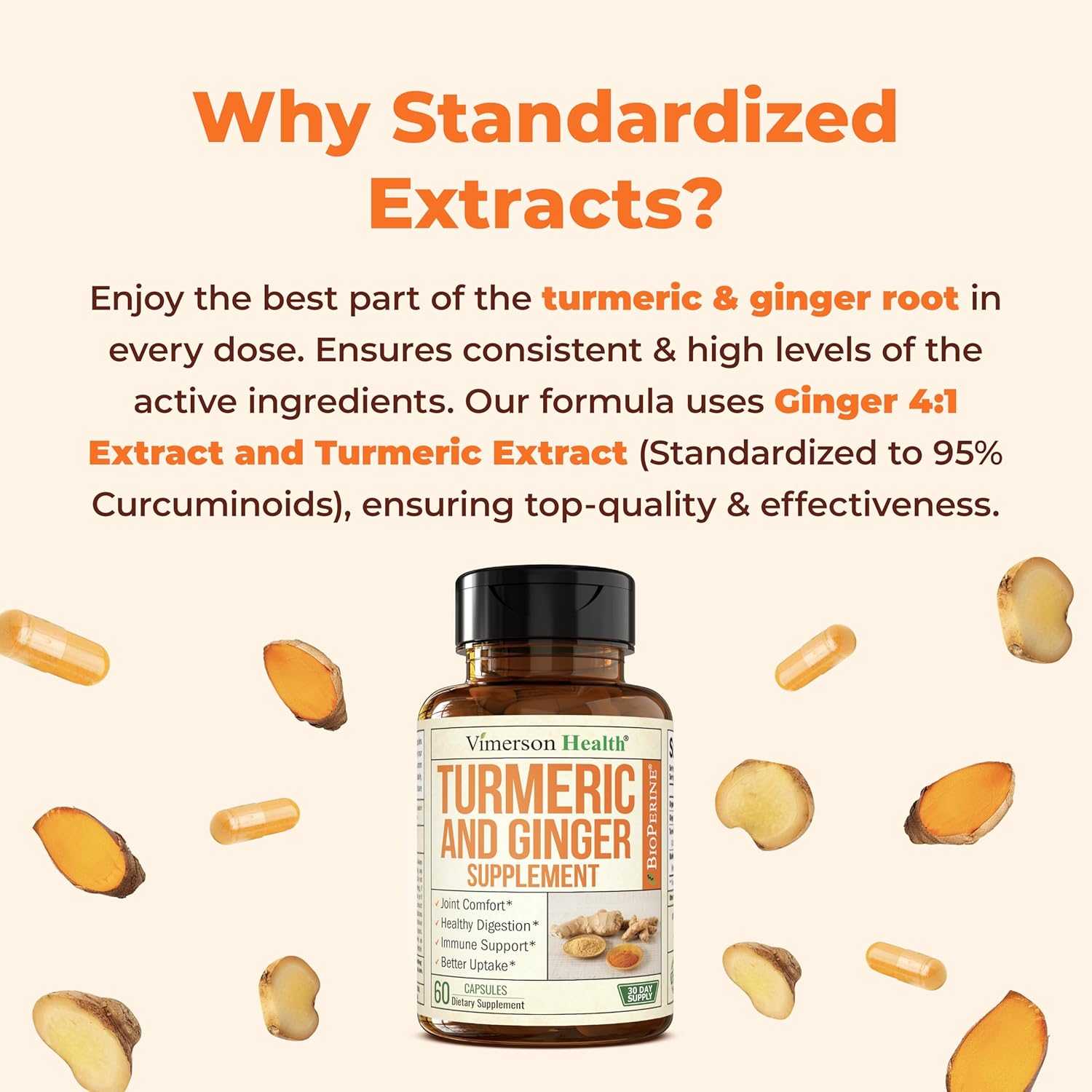 Turmeric and Ginger Supplement with Black Pepper for Joint Support, Digestive & Gut Health - Contains Organic Turmeric with Ginger Root Supplement and BioPerine for Enhanced Absorption - 60 Capsules - Image 6