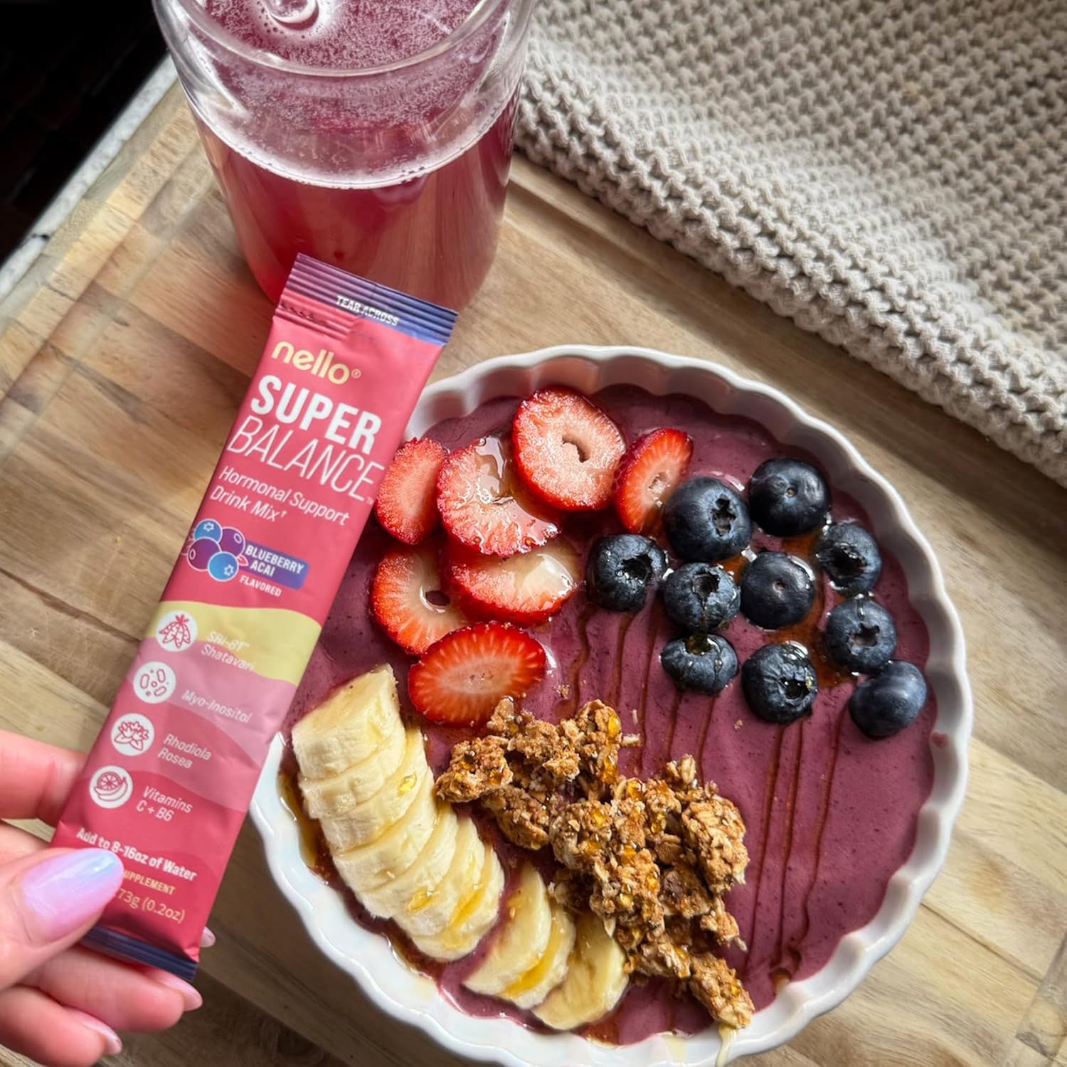 Nello Superbalance Hormonal Support Drink Mix, SRI-81 Shatavari, Myo-Inositol, Rhodiola Rosea, Vitamin C, Magnesium, Theobromine (20 Servings, Blueberry Acai) - Image 8