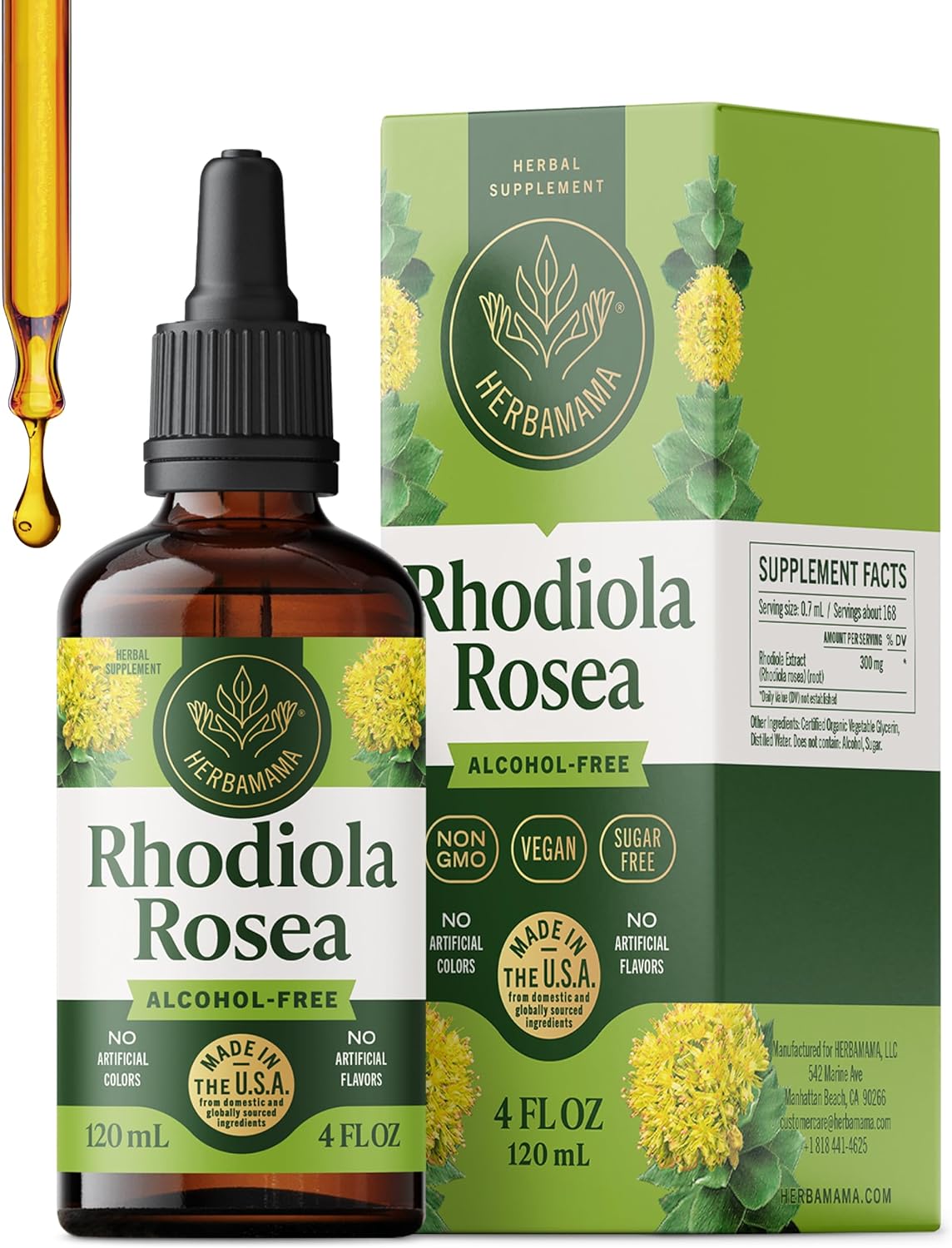 HERBAMAMA Rhodiola Rosea Extract - Rhodiola Rosea Supplement Drops for Mood & Calm Support - Vegan, Non-GMO, Alcohol & Sugar-Free Liquid Formula, 84-Day Supply