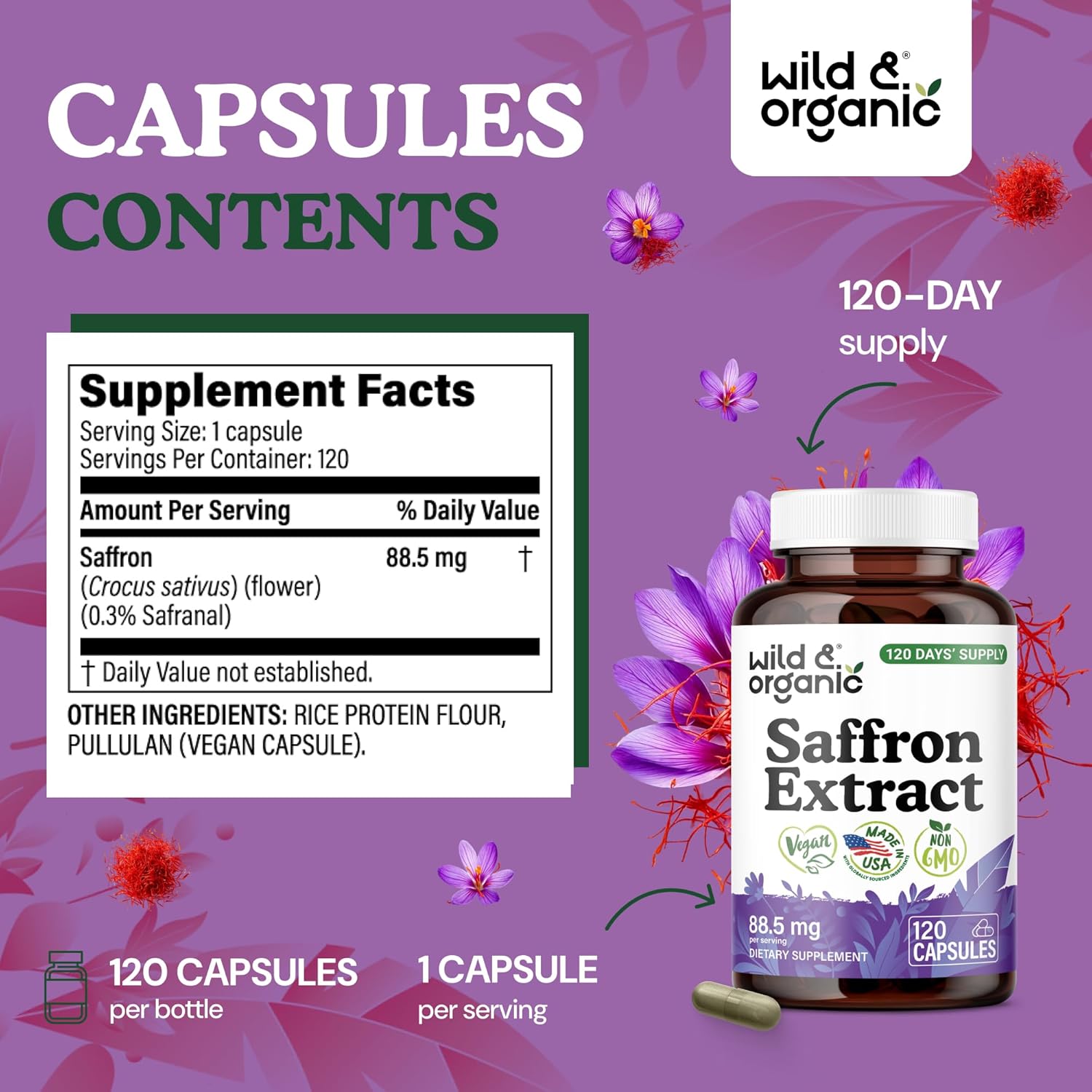 Wild & Organic Saffron Capsules 88.5 mg - Mood, Focus, Eye Support - Natural Saffron Supplements - Crocus Sativus Extract - 120 Days of Supply - Vegan, Non-GMO - 120 Count - Image 3