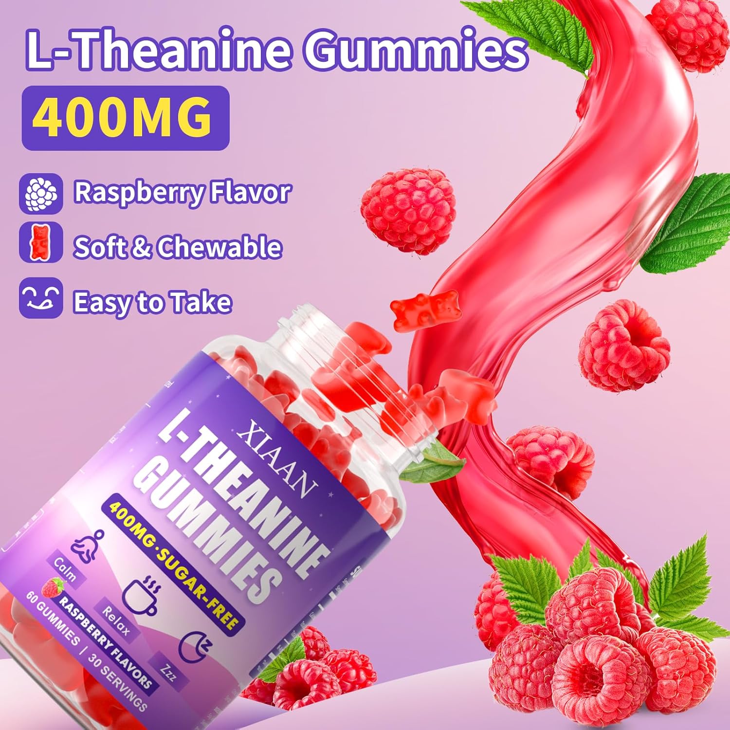 L-Theanine Gummies for Kids & Adults, L'Theanine 400mg Chewable L Theanine Supplement for Calm, Zzz & Relaxation Support, Vegan, Organic, Raspberry Flavor, 60 Counts - Image 5