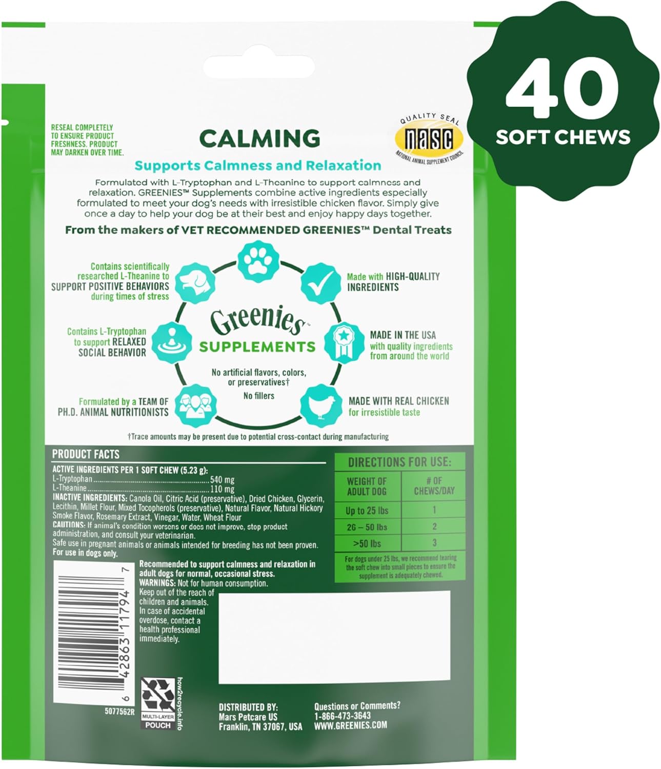 Greenies Supplements Calming Chews for Dogs Chicken Flavor, Dog Calming Chews, 7.3 oz. Container of 40 Count - Image 2