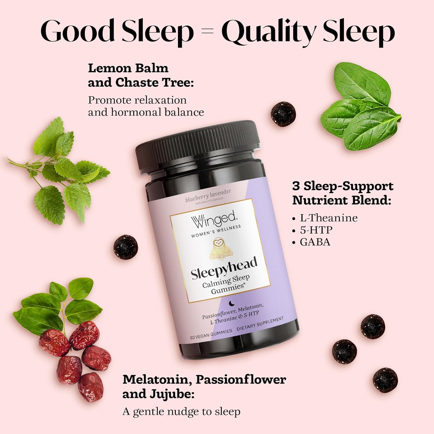 Winged Wellness Sleepyhead Natural Sleep Gummies for Women - Prime Sleep Support Aid for Adults with 3mg Melatonin, L-Theanine, 5-HTP - Blueberry Lavender Flavored - 30 Servings - Image 4