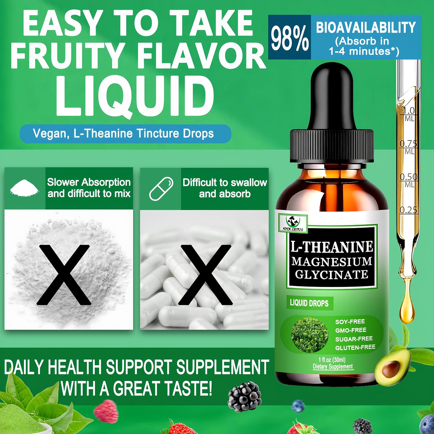 L Theanine Drops, Liquid L-Theanine Supplement 200mg w/Magnesium Glycinate,Vitamins,Fiber for Relaxation,Sleep,Digestion, Calm,High Absorption Mood Support for Adults & Kids,Plant Based,Non-GMO - Image 6