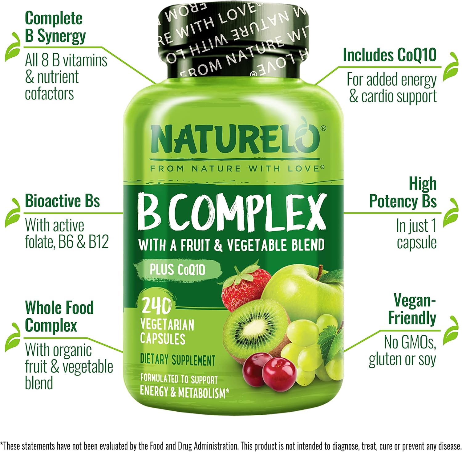 NATURELO Vitamin B Complex, 240 Capsules, Vegan, CoQ10, Methyl Folate, Biotin, Fruit & Veg Blend, Supports Energy and Healthy Stress Response, Super B Complex Vitamins for Women and Men - Image 4