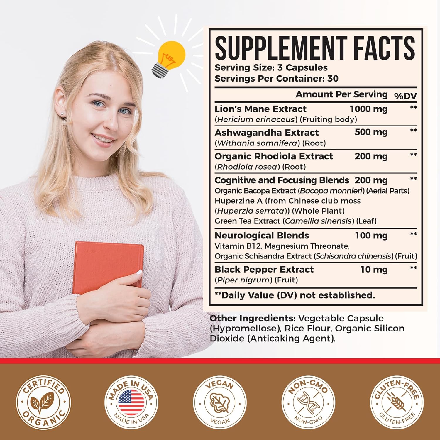 Ashwagandha & Lions Mane Supplements Capsules, Brain Supplements for Memory and Focus, Ashwagandha with Rhodiola Rosea for Cognitive, Immune Support, Cortisol Supplements for Women, 90 Capsules - Image 6