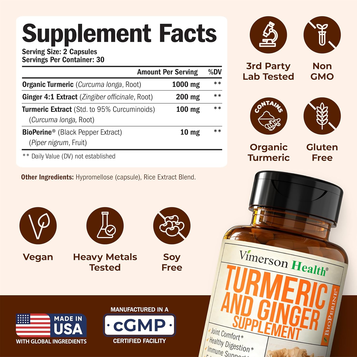 Turmeric and Ginger Supplement with Black Pepper for Joint Support, Digestive & Gut Health - Contains Organic Turmeric with Ginger Root Supplement and BioPerine for Enhanced Absorption - 60 Capsules - Image 2