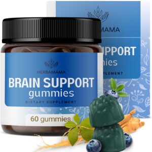 HERBAMAMA Brain Support Gummies – Brain Focus Supplements for Adults with Ashwagandha, Bacopa Monnieri, Vitamin C & B12 – Vegan, Non-GMO Calming Gummies – 60 Pectin-Based Blueberry-Flavored Chews