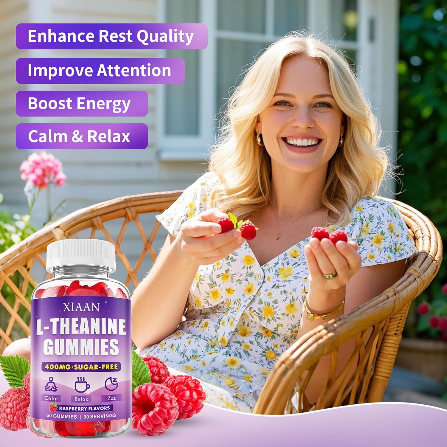 L-Theanine Gummies for Kids & Adults, L'Theanine 400mg Chewable L Theanine Supplement for Calm, Zzz & Relaxation Support, Vegan, Organic, Raspberry Flavor, 60 Counts - Image 3