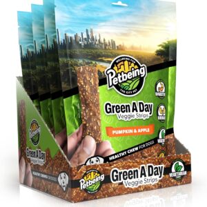 Green A Day Veggie Strips for Dogs | Pumpkin & Apple Vegetarian Supplement Chews | Healthy Fruit & Vegetable Treats | 4 Pack, 3 oz Bags