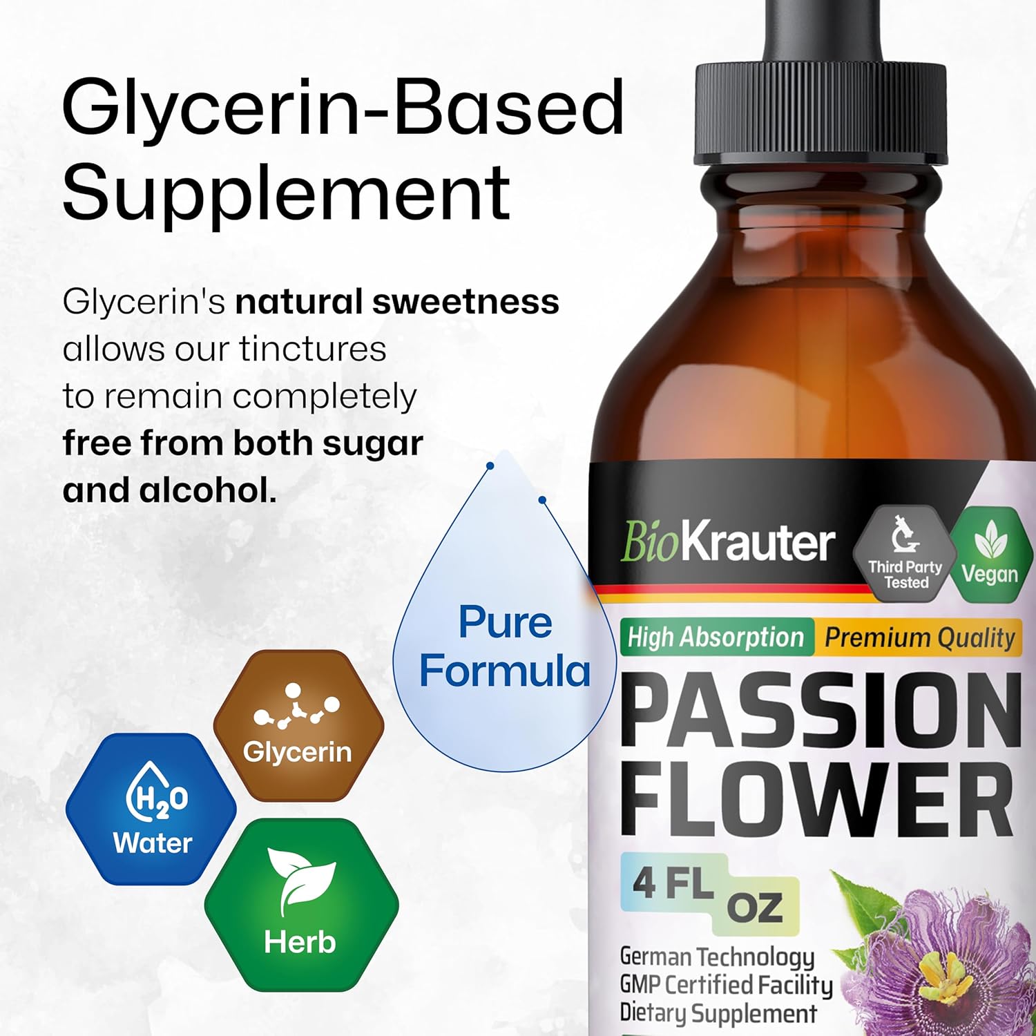 BIO KRAUTER® Passion Flower for Stress Relief - Calm & Mood Support - Pure Vegan Liquid Drops Passion Flower Extract 670 mg/Serving 4 Fl.Oz 56-Day Supply - Alcohol & Sugar Free - Natural Calm Drops - Image 6
