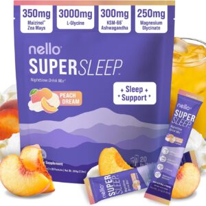 Nello Supersleep, Nighttime Sleep Support Drink Mix, Ashwagandha, Maizinol, L-Glycine, Magnesium Glycinate, Peach Dream (Pack of 20)