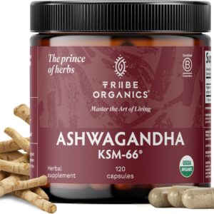 TRIBE ORGANICS Ashwagandha KSM 66 Pure Organic Root Powder Extract Ayurvedic Supplement - Focus, Mood Support, Increase Energy, Strength, 600mg of Natural KSM66 for Superior Absorption - 120 Capsules
