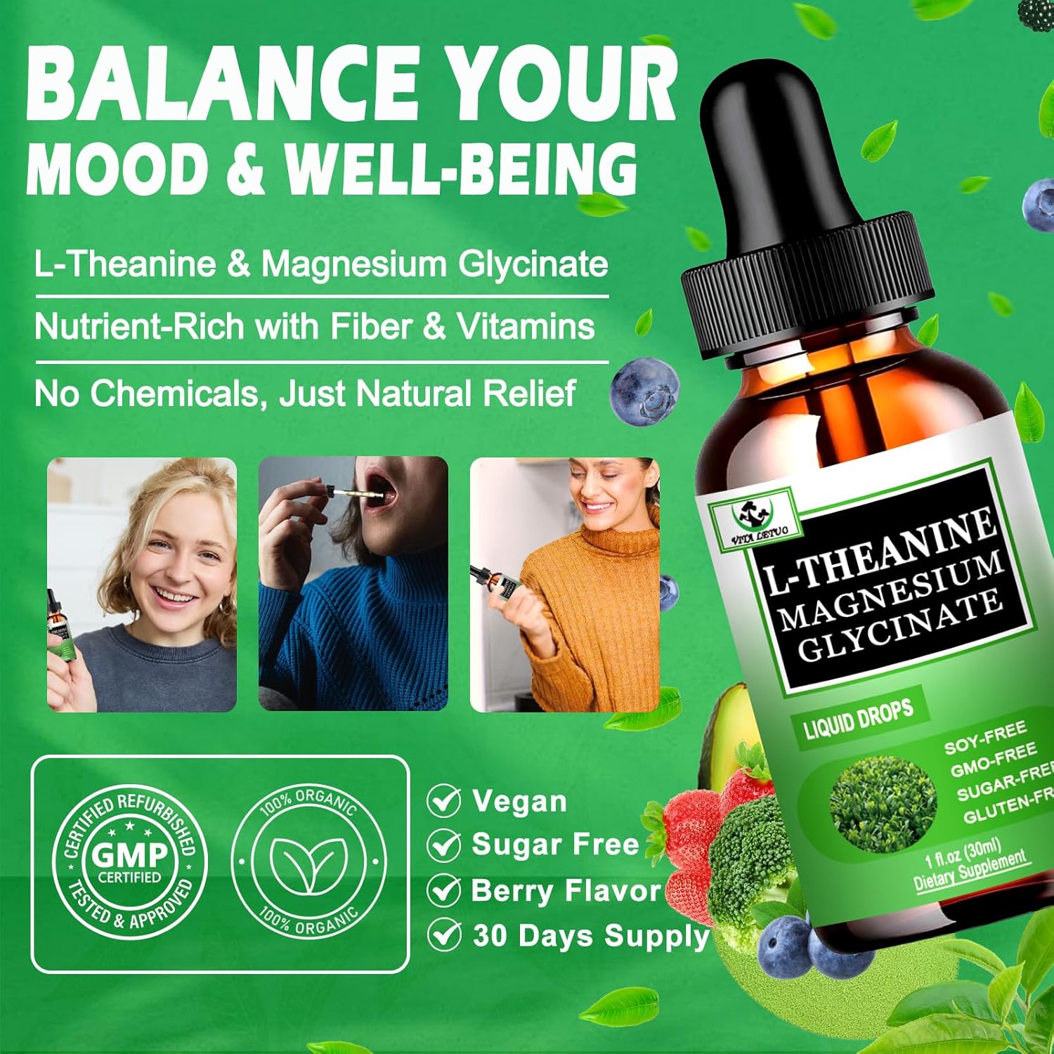 L Theanine Drops, Liquid L-Theanine Supplement 200mg w/Magnesium Glycinate,Vitamins,Fiber for Relaxation,Sleep,Digestion, Calm,High Absorption Mood Support for Adults & Kids,Plant Based,Non-GMO - Image 2