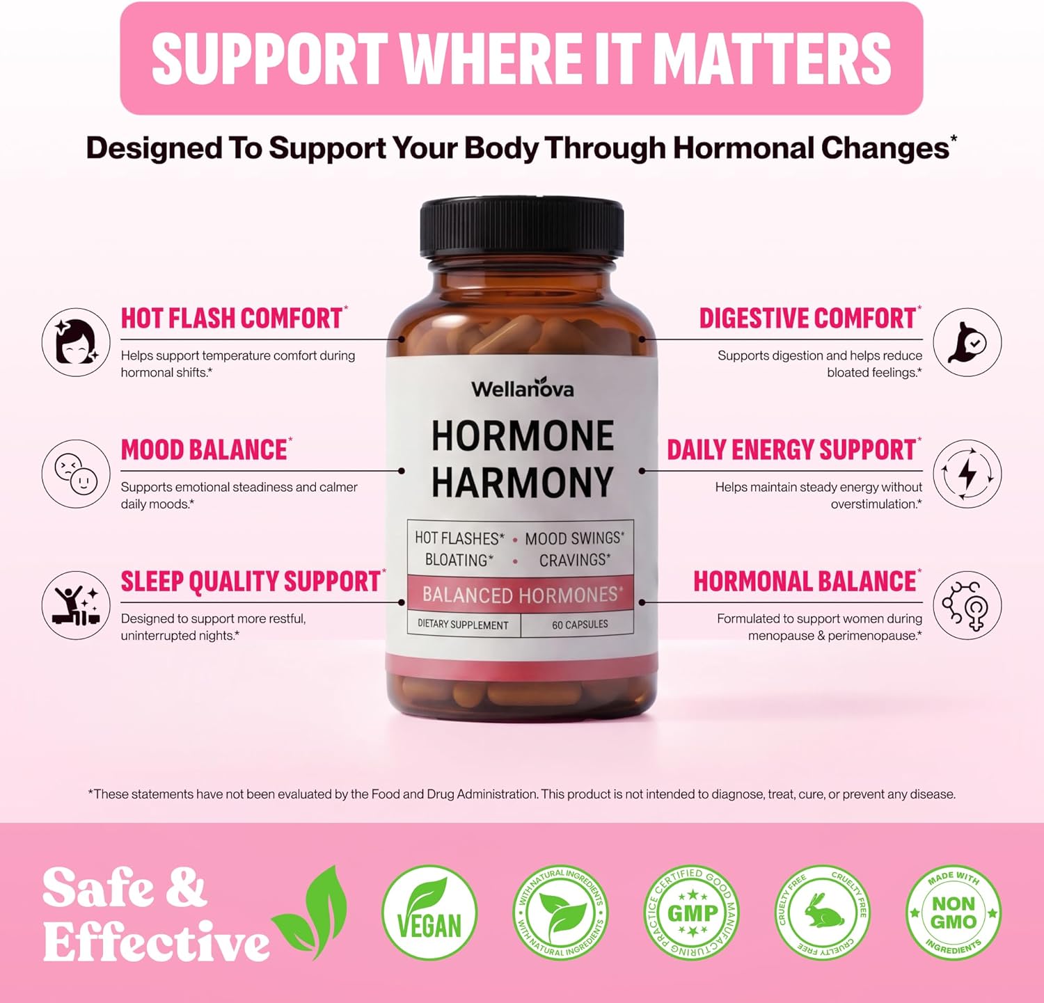 Hormone Harmony for Women – Natural Hormonal Balance Support for Menopause & Perimenopause – Hot Flashes, Mood Swings, Cravings, Bloating Relief – 60 Capsules - Image 3
