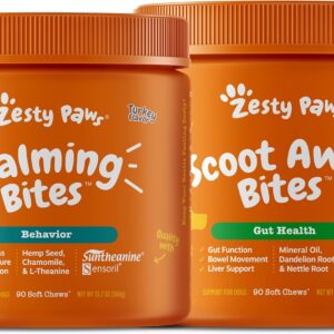 Zesty Paws Calming Soft Chews for Dogs - Melatonin, Ashwagandha, L-Theanine & L-Tryptophan + Scoot Away Soft Chews for Dogs - with Bromelain