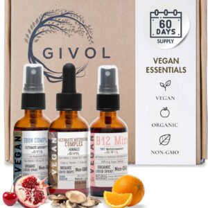 Ultimate Vegan Essential Bundle Liquid Spray- Ultimate Mushroom Complex, Iron Bisglycinate, and Vitamin B12 Methylcobalamin, All Natural, Non-GMO, Gluten Free, Sugar Free 2 Fl Oz 360 Days Supply