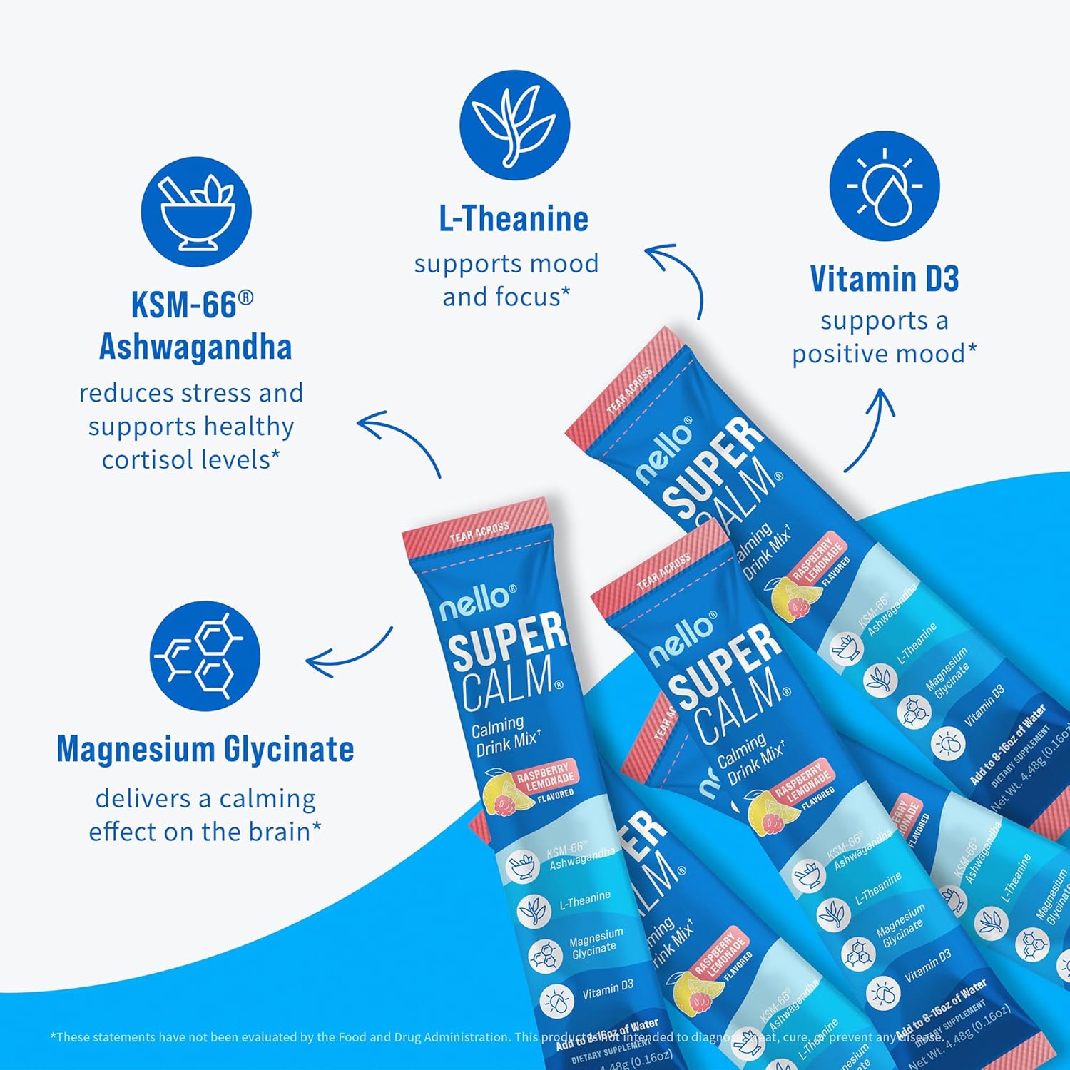Nello Supercalm Powdered Drink Mix, Cortisol Reducer and Sleep Aid Supplement, L Theanine, Ksm-66 Ashwagandha, Magnesium Glycinate, Vitamin D 3, No Sugar, Non GMO, On The Go, 20 Ct, Raspberry Lemonade - Image 4