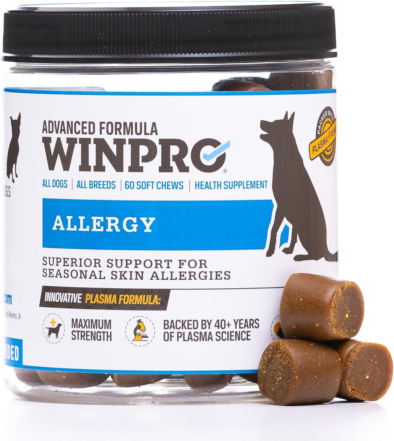 WINPRO Allergy Chews – Plasma-Powered Formula for Dog Seasonal Allergy Support – Grain-Free, Natural Blood Protein Supplements – 60 Soft Chews