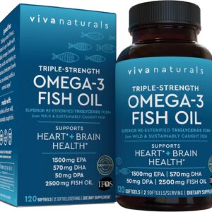 Viva Naturals Omega 3 Fish Oil Supplement for Women and Men - 2500 mg Triple Strength Fish Oil per Serving with Omega 3 Fatty Acids Including EPA, DHA DPA - 120 Pescatarian-Friendly Softgels