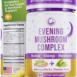 LEGRANO Premium Evening Mushroom Supplement Capsules with Lion’s Mane, Reishi Mushroom, Turkey Tail, Chaga, Ashwagandha, L-Theanine, Vitamins & Minerals – Adaptogenic Mushrooms for Relaxation & Sleep