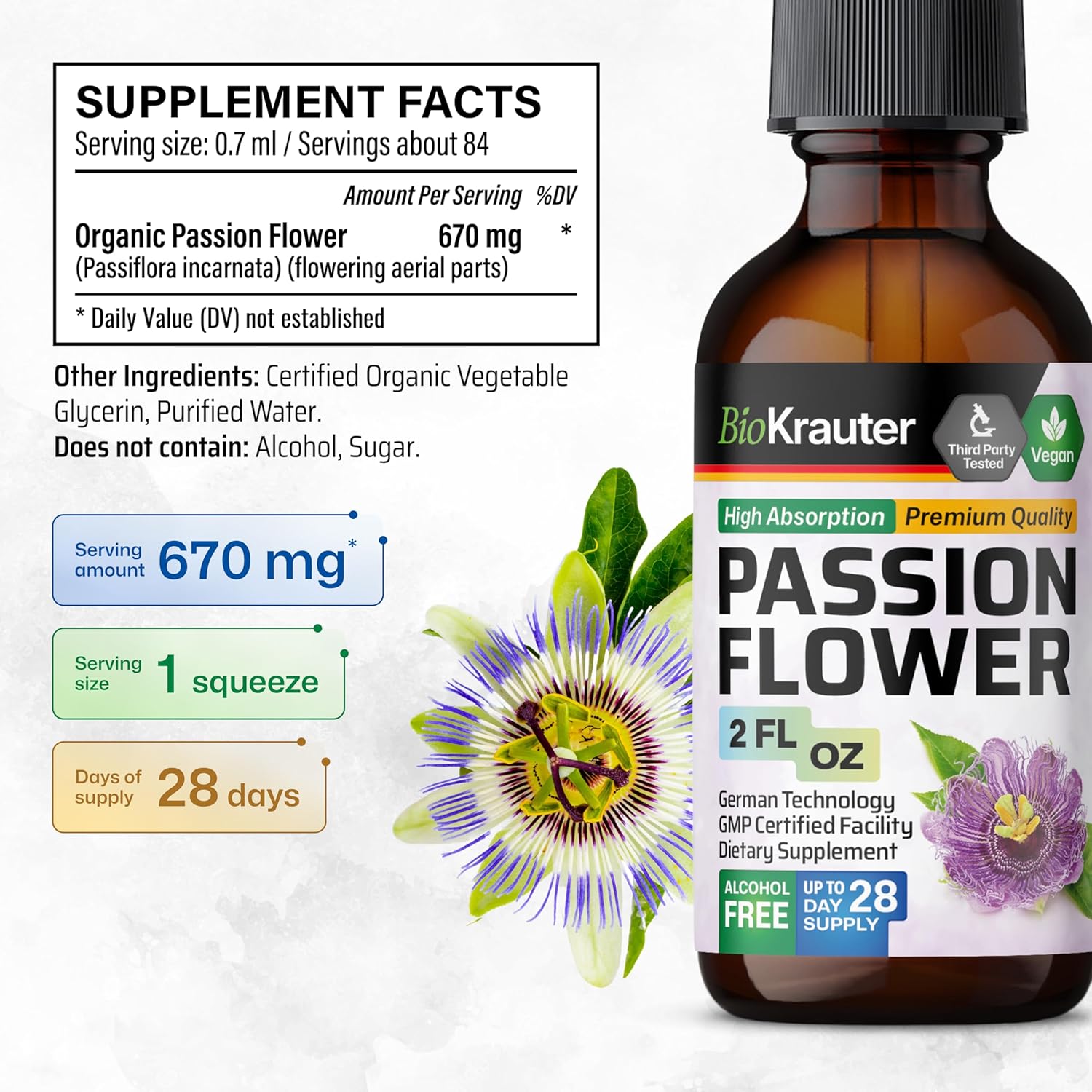 BIO KRAUTER® Passion Flower for Stress Relief - Calm & Mood Support - Pure Vegan Liquid Drops Passion Flower Extract 670 mg/Serving 2 Fl.Oz 28-Day Supply - Alcohol & Sugar Free - Natural Calm Drops - Image 3