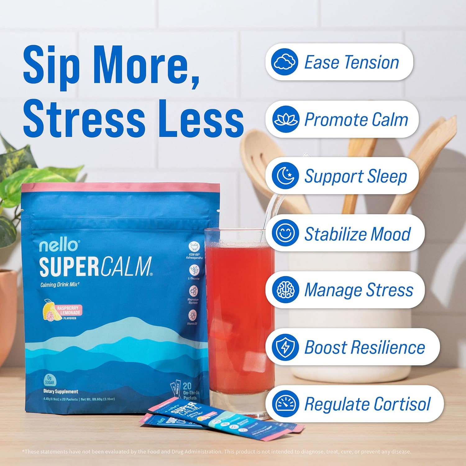 Nello Supercalm Powdered Drink Mix, Cortisol Reducer and Sleep Aid Supplement, L Theanine, Ksm-66 Ashwagandha, Magnesium Glycinate, Vitamin D 3, No Sugar, Non GMO, On The Go, 20 Ct, Raspberry Lemonade - Image 3