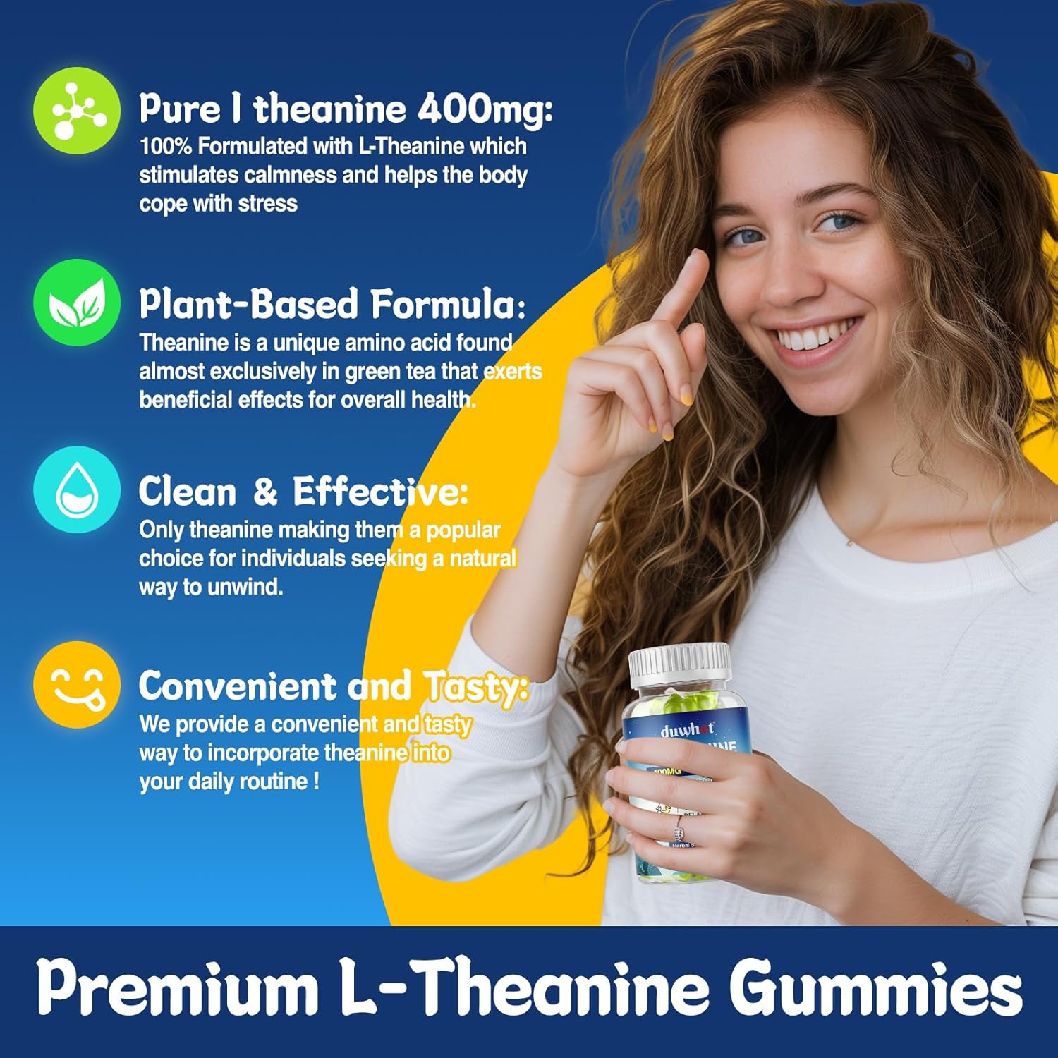 duwhot L Theanine Gummies, 200/400mg L-Theanine Supplement for Adults & Kids, Natural Stress Relief, Relaxation, Zzz & Focus Support Gummy, Organc,Vegan, Low Sugar,Non-Drowsy,Lemon Flavor,60 Chewables - Image 6