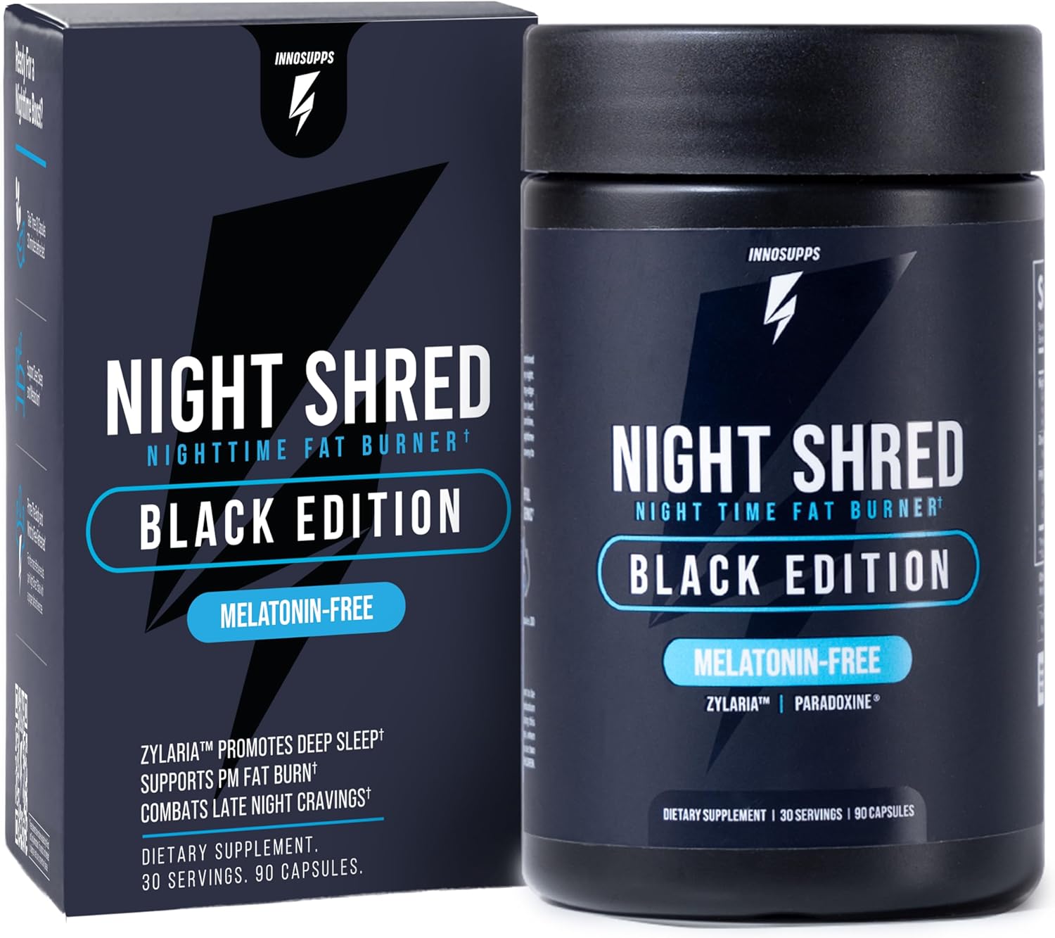 Night Shred Black Melatonin-Free - Night Time Fat Burner, Weight Loss, and Natural Sleep Support - GABA Complex with Ashwagandha, CLA, Grains of Paradise - Thermogenic Fat Burner - 90 Vegan Capsules