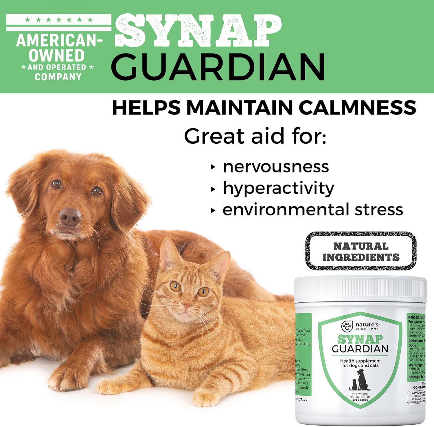 Synap Guardian - Nervous System Support and Calming Care for Dogs & Cats – Natural Relaxation Aid from a U.S.A. Company with Ashwagandha, Chamomile, Valerian & More, 100g - Image 3