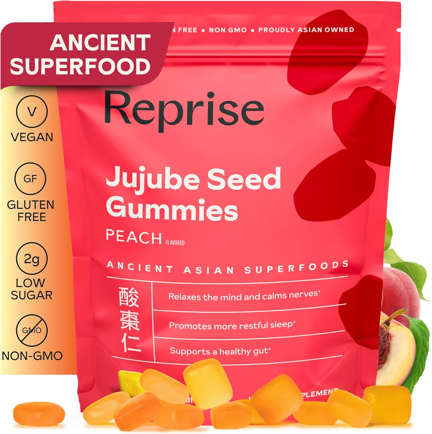 Reprise Jujube Seeds in Daily Gummies, 300 mg Full-Spectrum Jujube Seeds, Supports Relaxation & Restful Sleep, 100% Plant Based Vegan & Gelatin Free, Peach Flavored, 45 Gummies