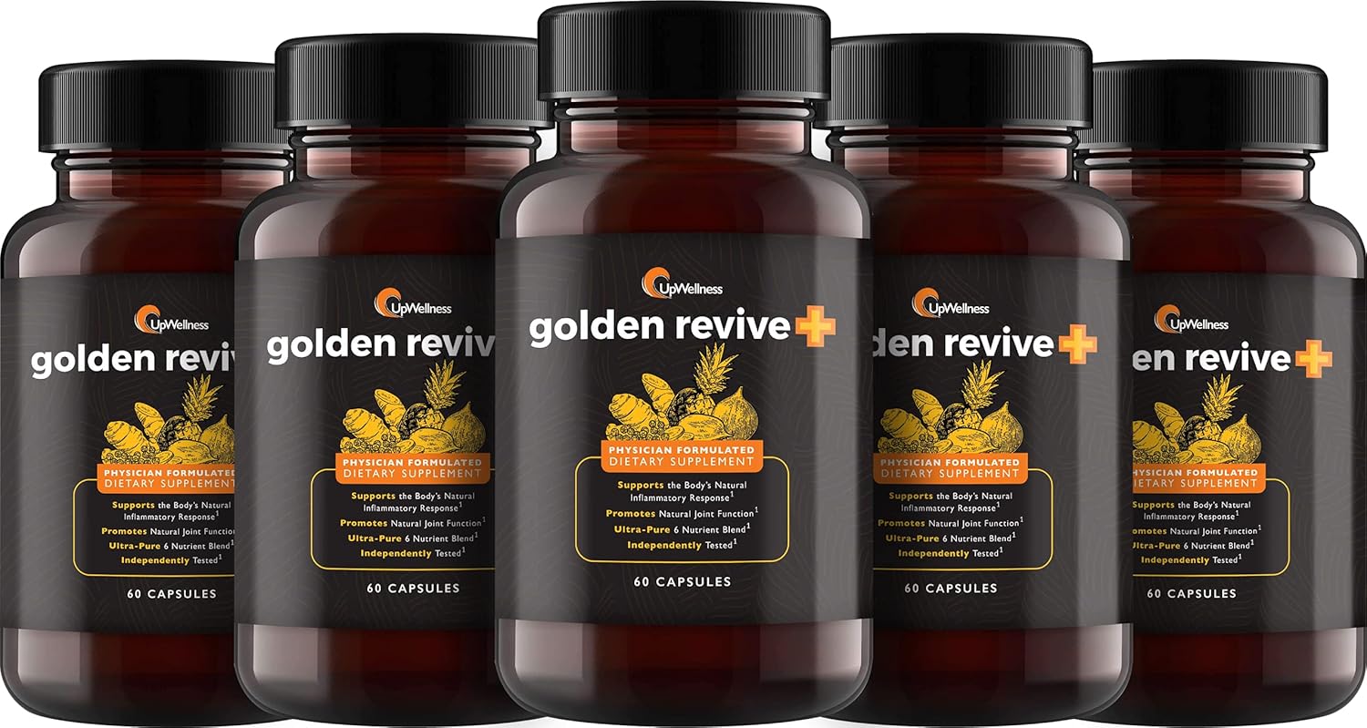 UpWellness Golden Revive + Joint Support Supplement Featuring Turmeric with Black Pepper, Quercetin, and Magnesium- Turmeric Boswellia Supplement - 6 Active Ingredients - 60 Capsules, 5 Pack