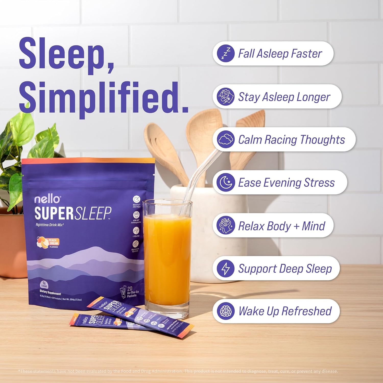 Nello Supersleep, Nighttime Sleep Support Drink Mix, Ashwagandha, Maizinol, L-Glycine, Magnesium Glycinate, Peach Dream (Pack of 20) - Image 3