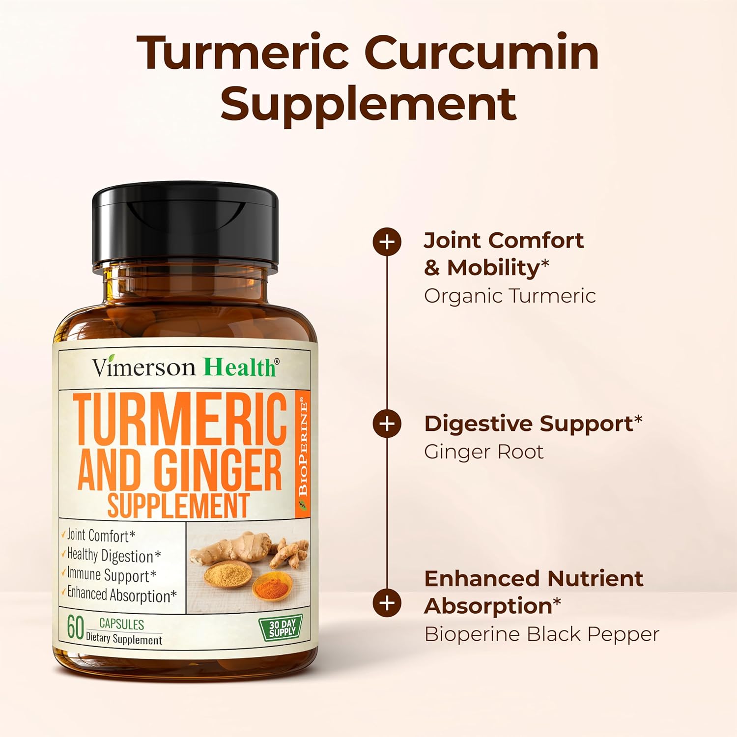 Turmeric and Ginger Supplement with Black Pepper for Joint Support, Digestive & Gut Health - Contains Organic Turmeric with Ginger Root Supplement and BioPerine for Enhanced Absorption - 60 Capsules - Image 5