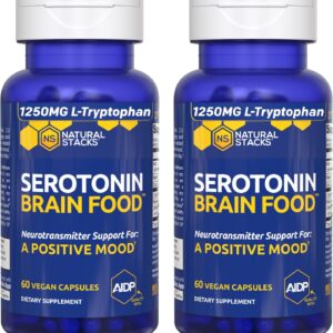 Serotonin Brain Food - 1250mg L-Tryptophan & 400mg Rhodiola Rosea Supplement - Mood Support Supplement for Stress Relief - Neurotransmitter Support with Magnesium Glycinate & Zinc - 120 Capsules