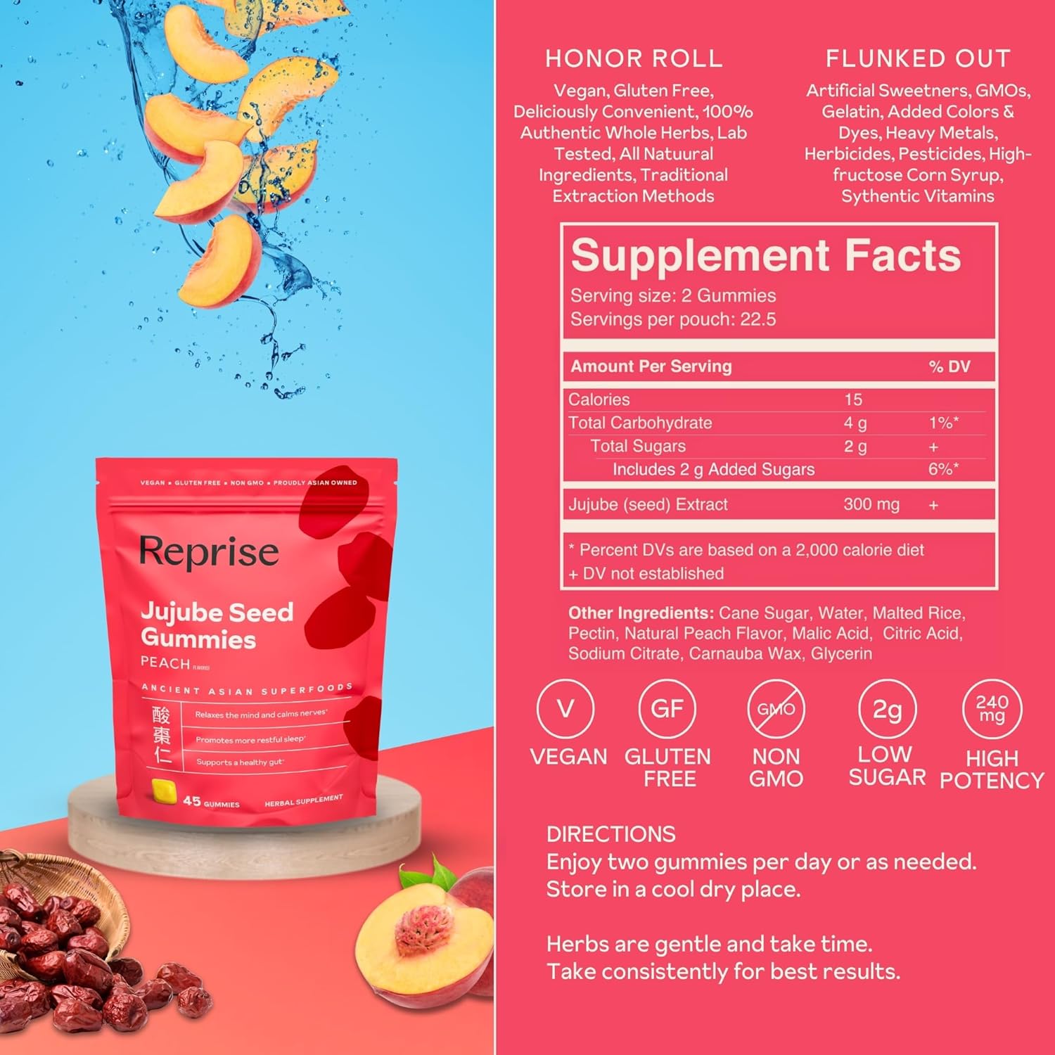 Reprise Jujube Seeds in Daily Gummies, 300 mg Full-Spectrum Jujube Seeds, Supports Relaxation & Restful Sleep, 100% Plant Based Vegan & Gelatin Free, Peach Flavored, 45 Gummies - Image 5
