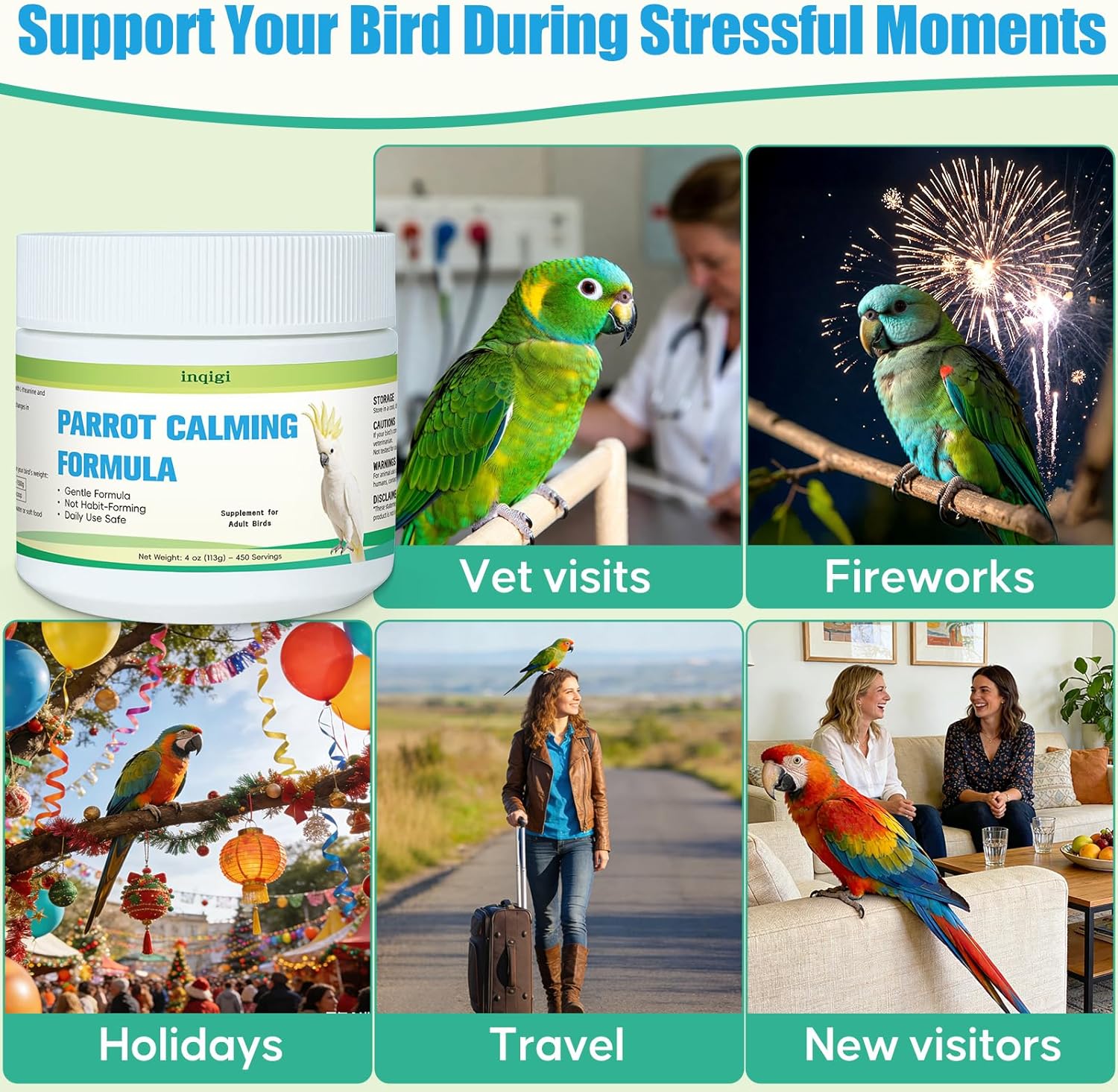Parrot Calming Supplement – Natural Bird Stress Support Powder for Fireworks, Travel & Visitors – Vet-Formulated – Easy to Use Daily Support for Parrots – 4oz (450 Servings) - Image 3