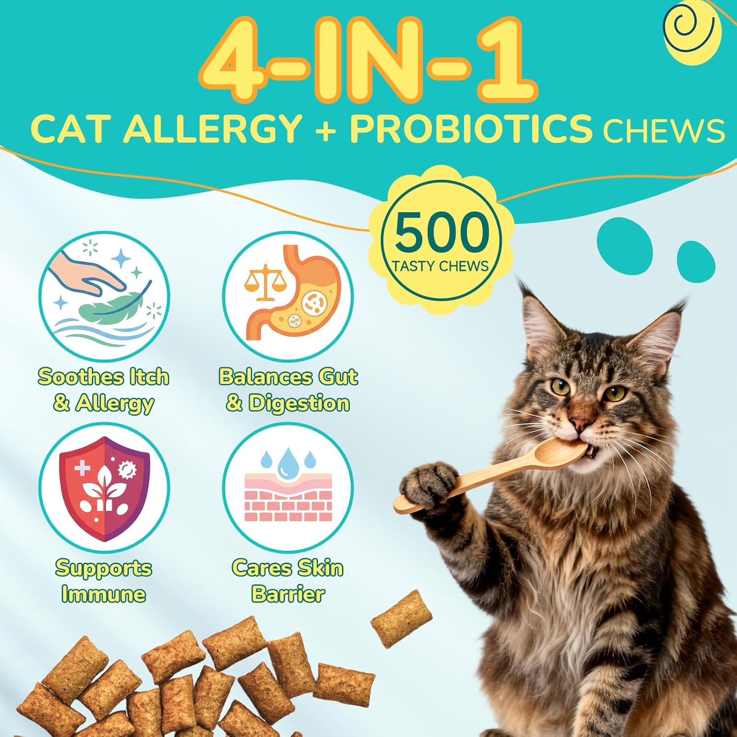 Woyamay Cat Allergy Relief for Cats with Probiotics, 500 Crunchy Cat Probiotic & Allergy Chews, Cat Allergy Treats to Stop Itching & Scratching, Probiotics for Cats Support Gut Health, Chicken Flavor - Image 2